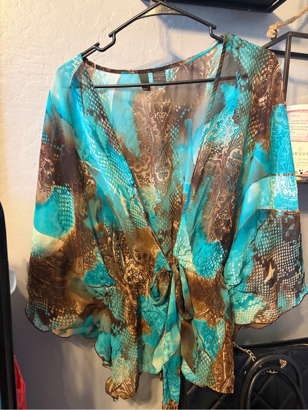 Turquoise and Brown Tie-Front Sheer Blouse